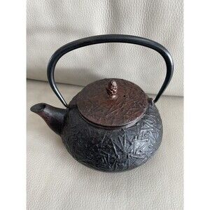 Vintage Japanese Cast Iron Teapot Tea Kettle stamped Enameled Pine Needle Acorn
